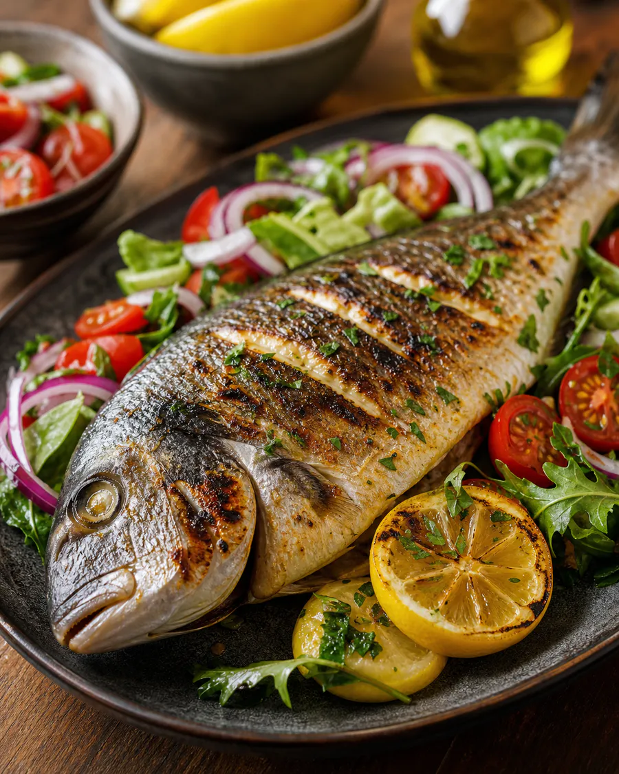 Limon ve salata ile ızgara çipura