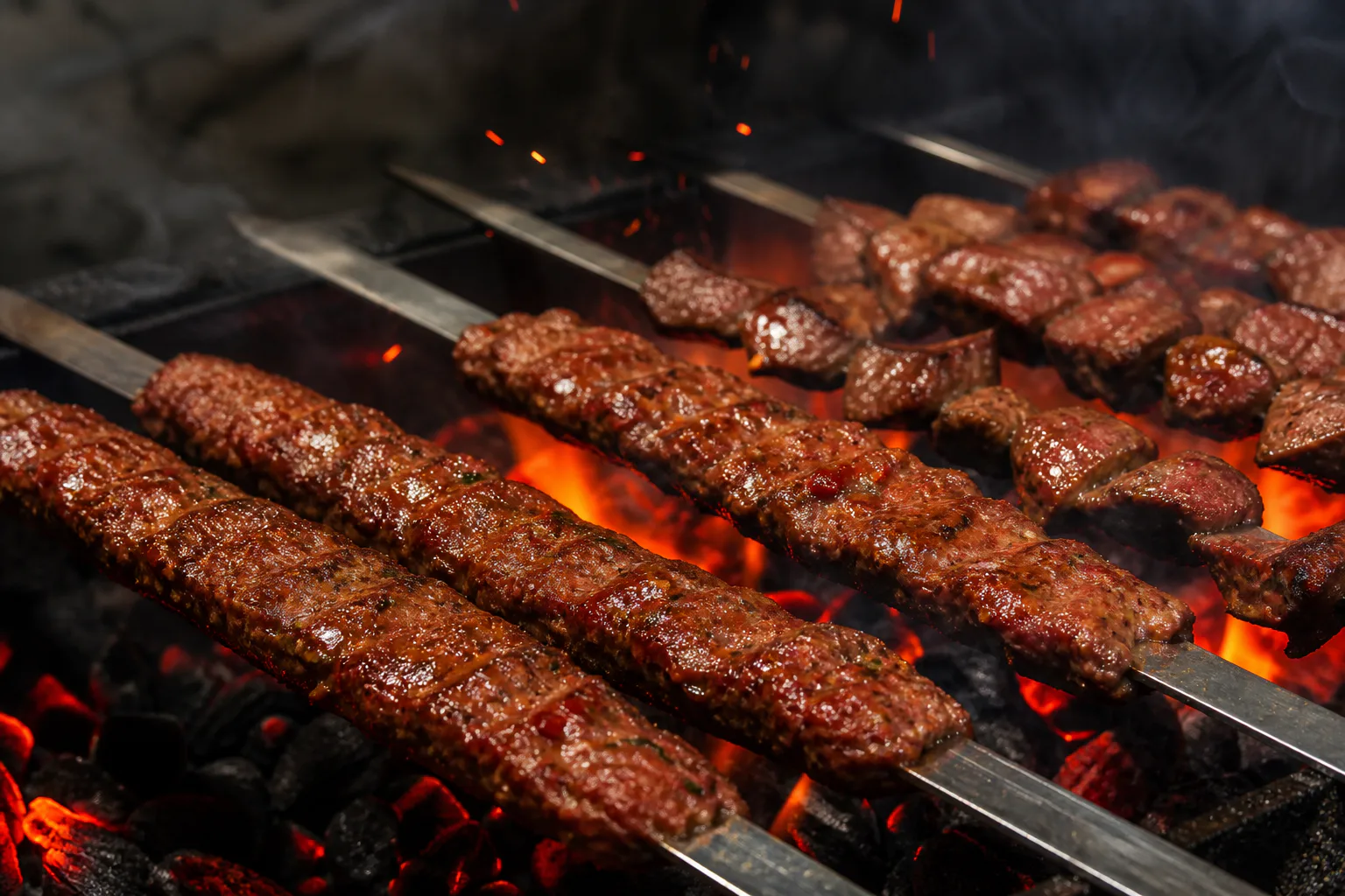 Köz üzerinde Adana kebap ve et şişleri